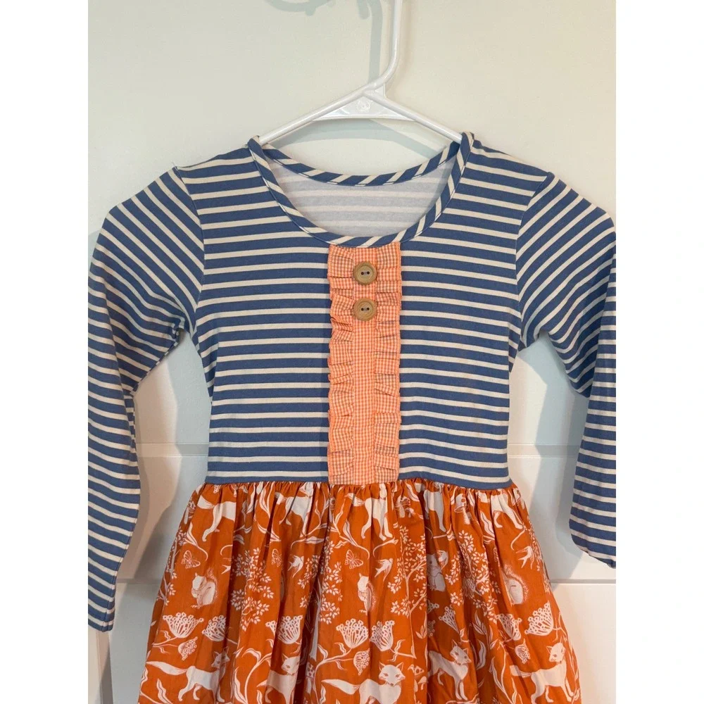 Eleanor Rose Girls Rhonda Woodland Fox Striped Ruffle Dress Orange Blue Size 7-8